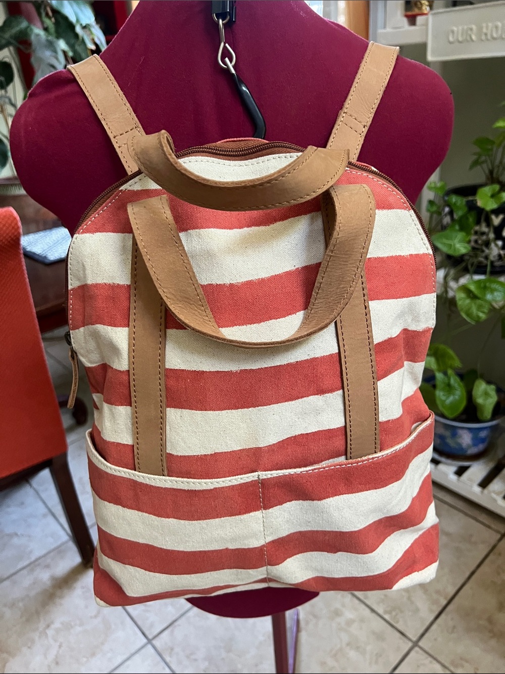 JOYN Canvas Stripe Backpack Tote with leather straps Pre owned.